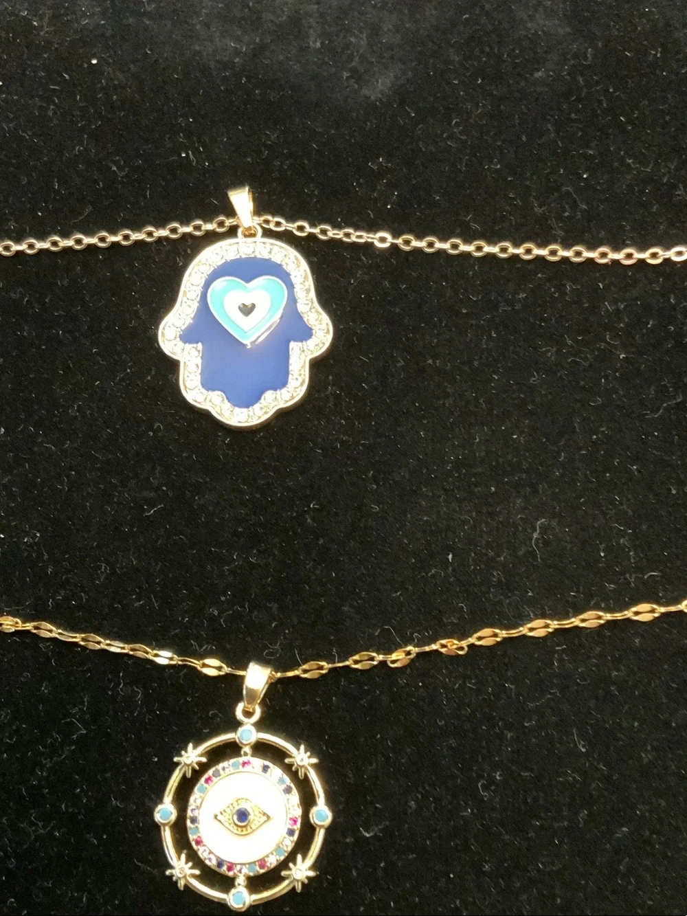 Gold Hamsa & Evil Eye Necklace Set with Blue Accents